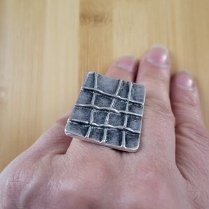 Sterling Silver Textured Square Statement Ring - Silver